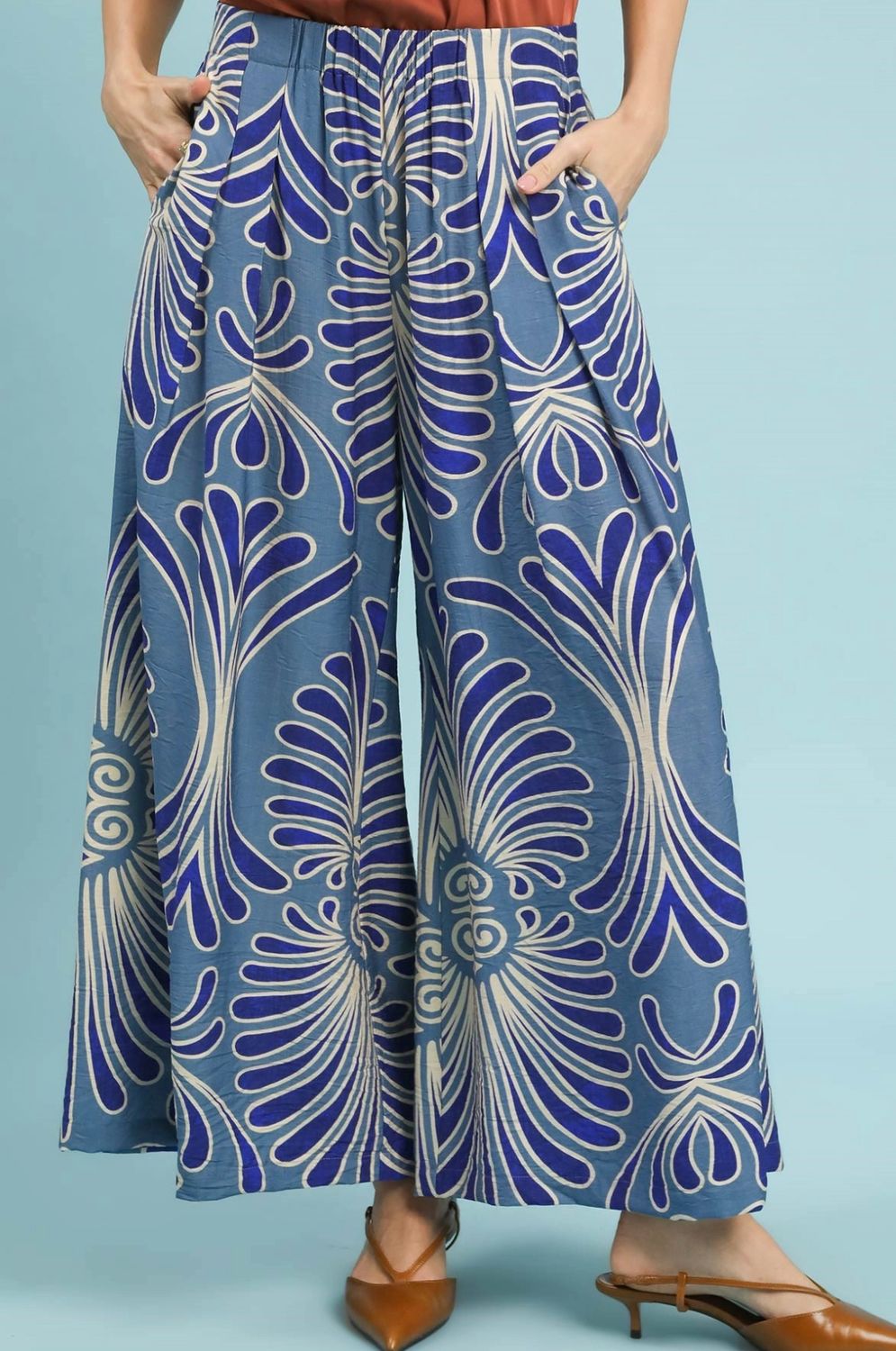 Umgee Feather Print Wide Leg Pants