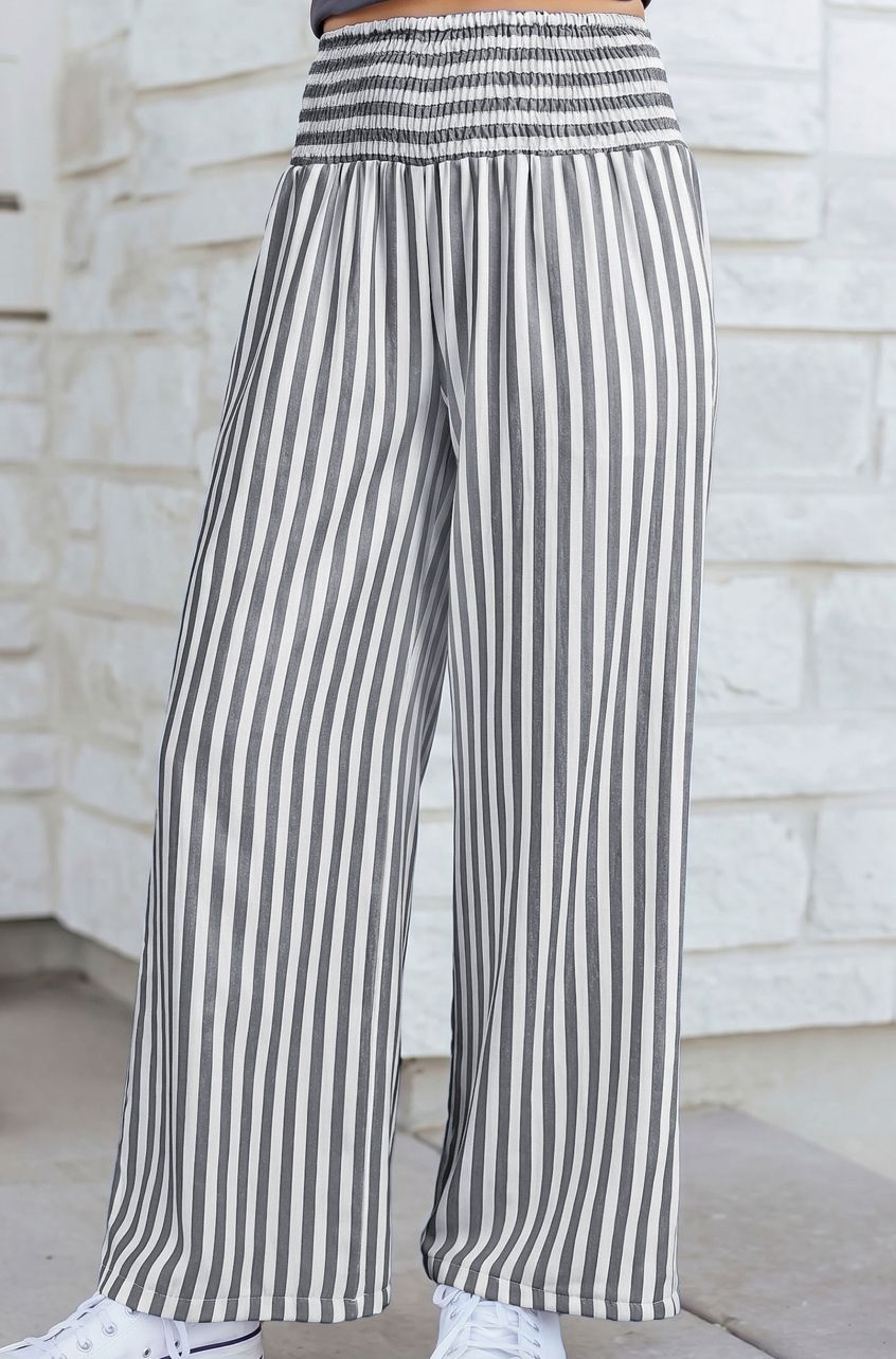Shirred High Waist Striped Loose Summer Pants