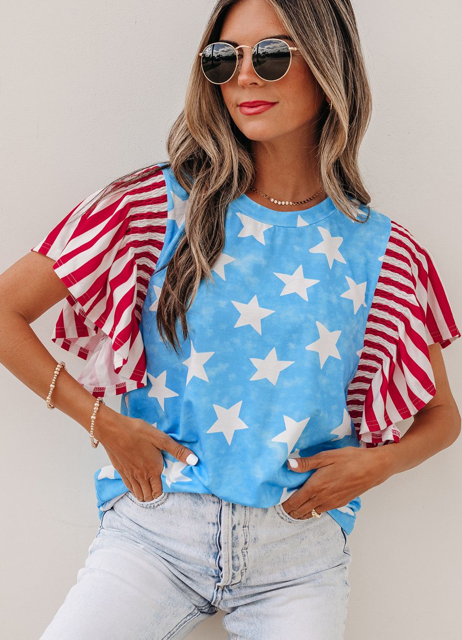 Vintage Star Print Striped Ruffle Sleeve Blouse
