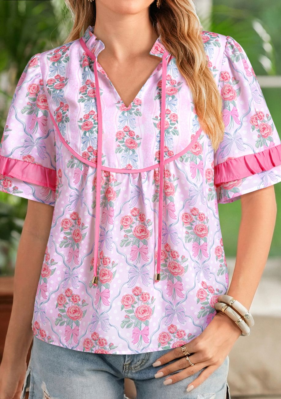 Coquette Purple Floral Bow Ruffled Sleeve Blouse