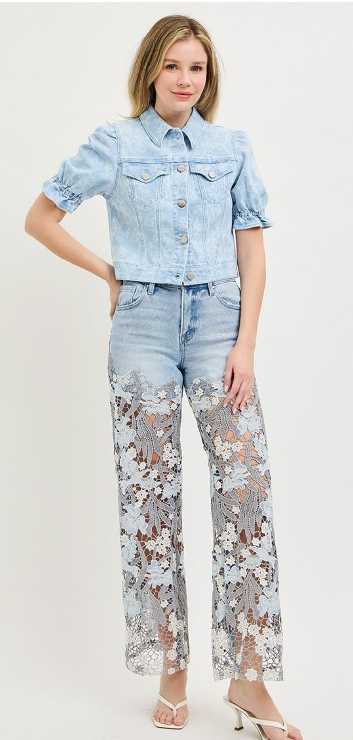 RISEN HIGH RISE WIDE PATCHWORK LACE PANEL JEANS