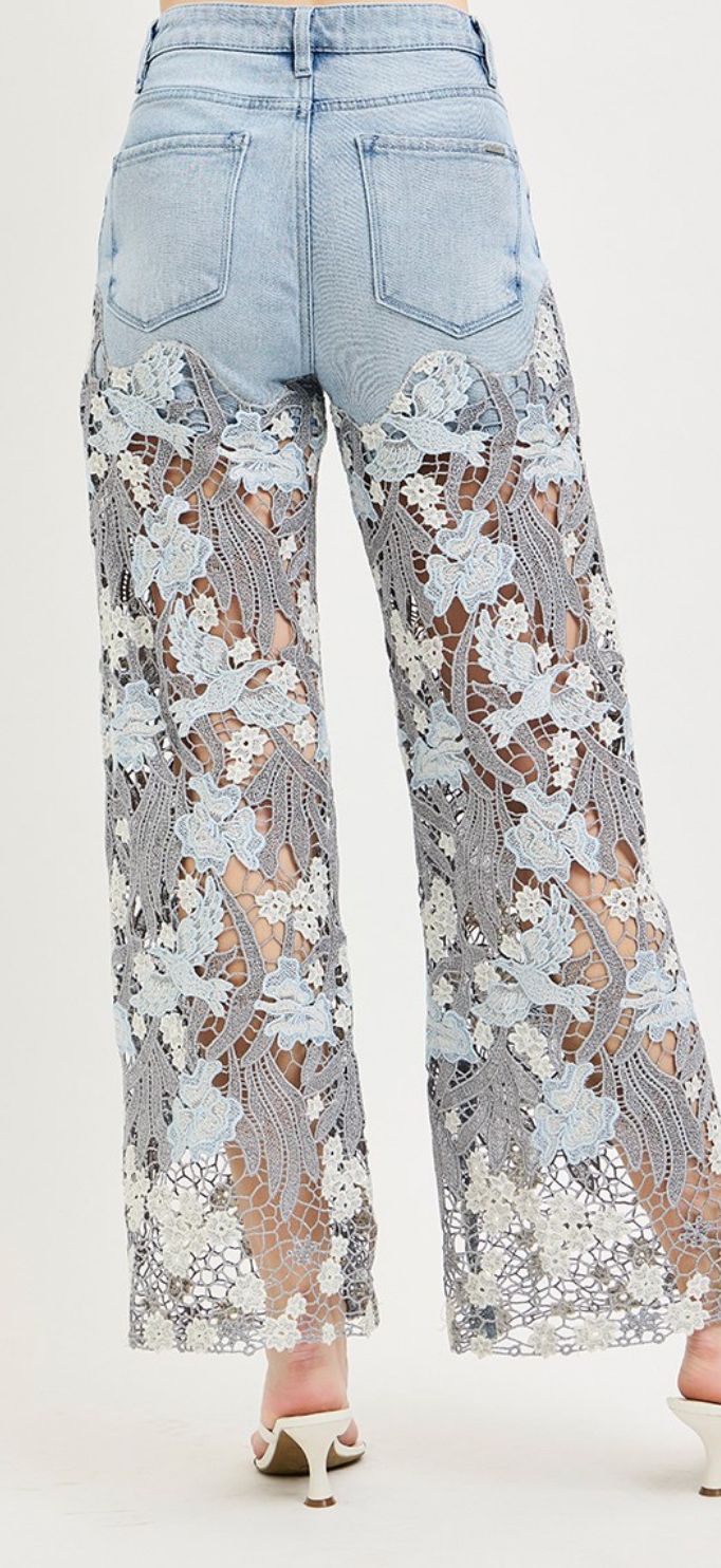 RISEN HIGH RISE WIDE PATCHWORK LACE PANEL JEANS