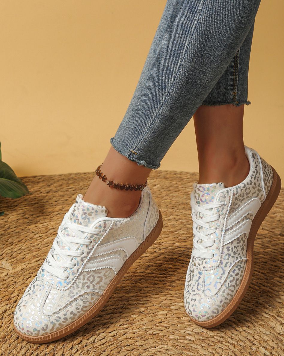 Shimmer Leopard Print Lace up Sneakers