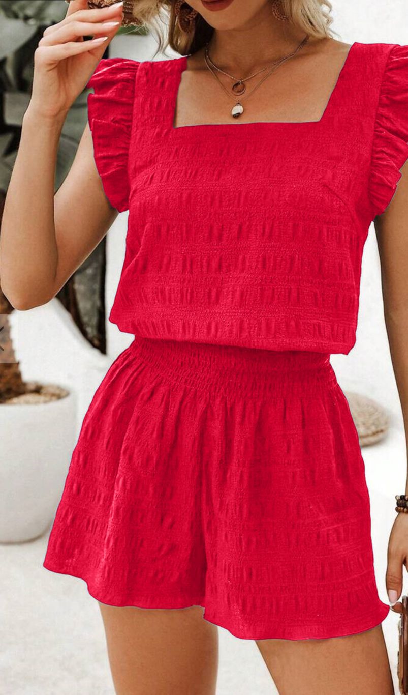 Textured Square Neck Top and Shirred shorts set