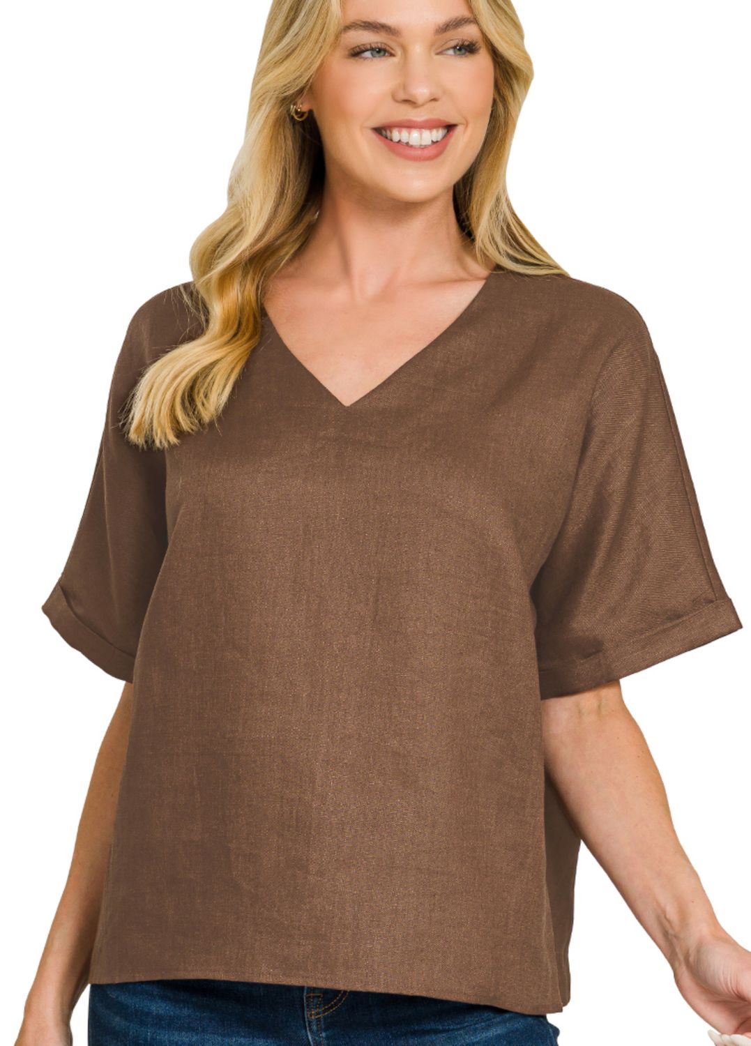 ZENANA 100% LINEN V-NECK CUFFED SLEEVE TOP