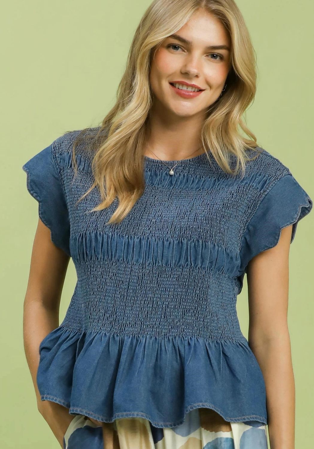 Umgee Chambray Smocked Peplum Top