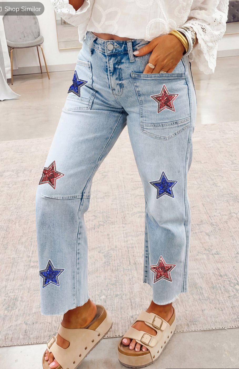 Patriotic Sequin Stars Patch pocket shift jeans