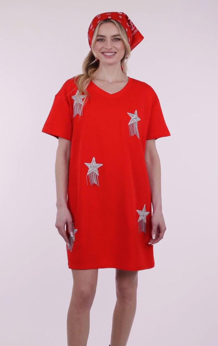 RHINESTONE STUDDED STAR FRINGE V NECK KNIT DRESS