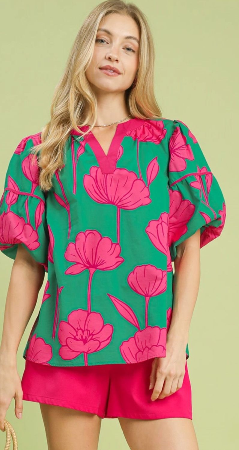 Umgee Floral Puff Sleeve Blouse