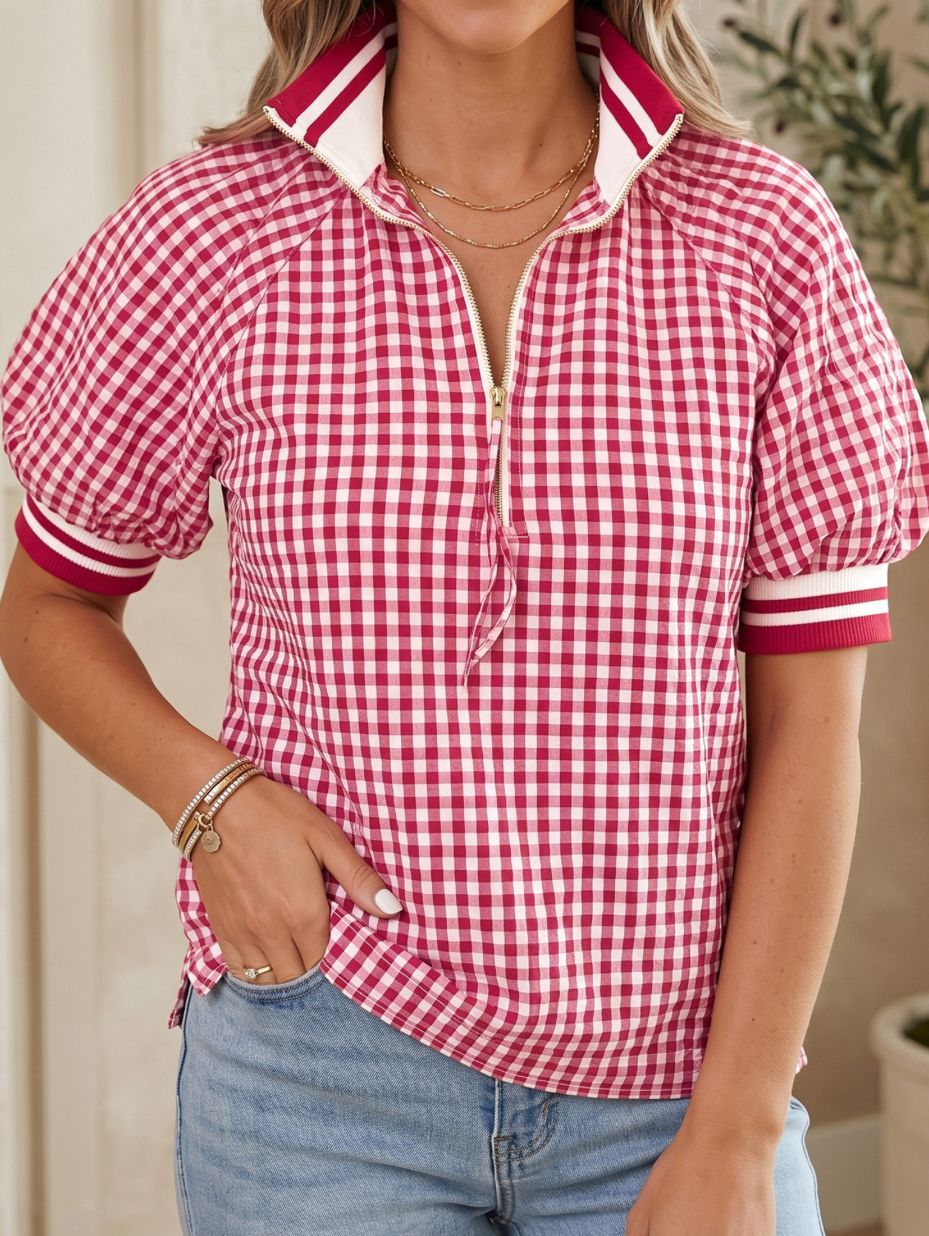 Gingham Striped patchwork Half Sleeve Zip Blouse