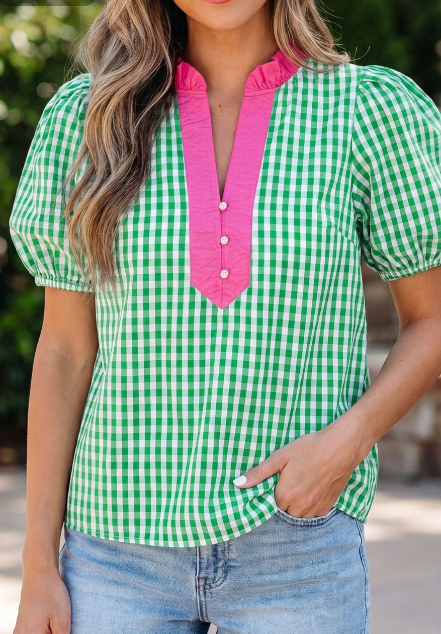 Gingham Plaid Bubble Sleeve colorblock vneck blous