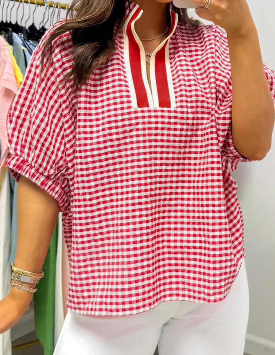Gingham colorblock split neck blouse
