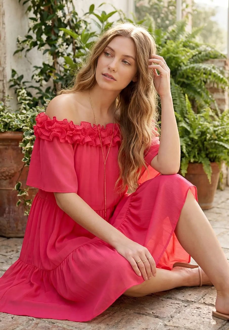 PLEATED RUFFLED OFF SHOULDER TIERED WOVEN DRESS