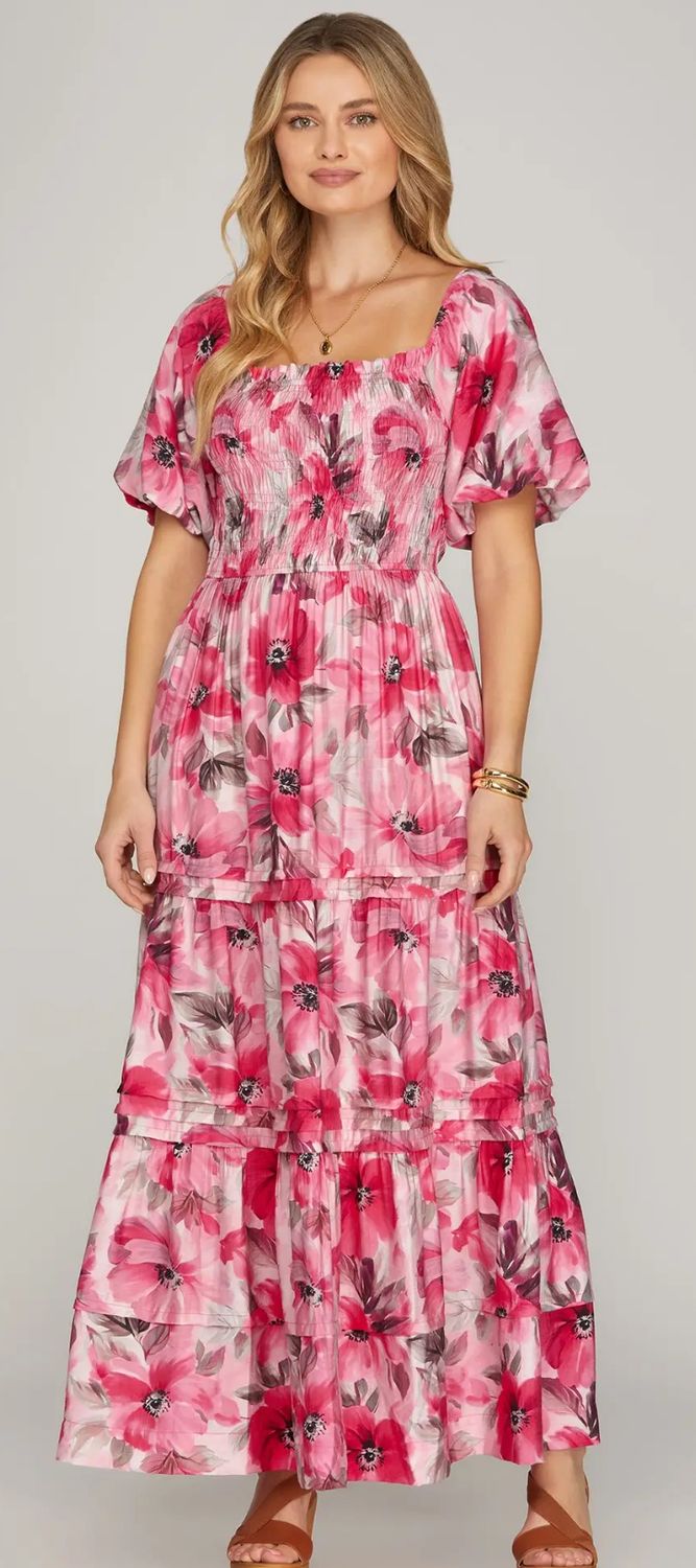 SMOCKED WOVEN PRINT TIERED MAXI DRESS WITH POCKETS
