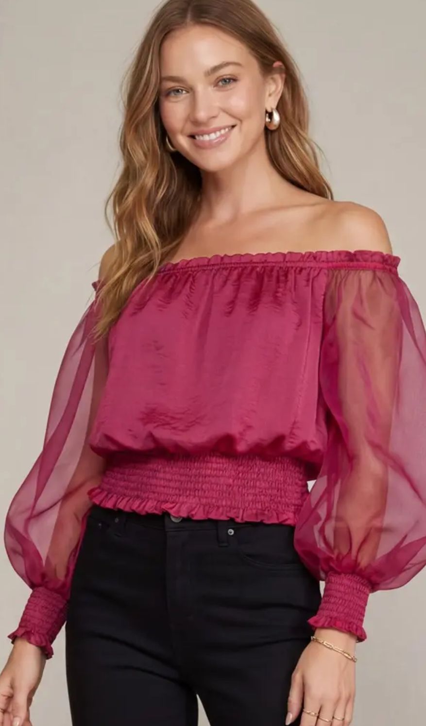 ORGANZA PUFF SLEEVE OFF SHOULDER SATIN TOP