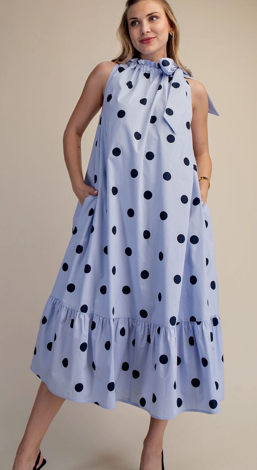 Polka Dot Midi Dress Sleeveless w/Ruffle Neck Tie