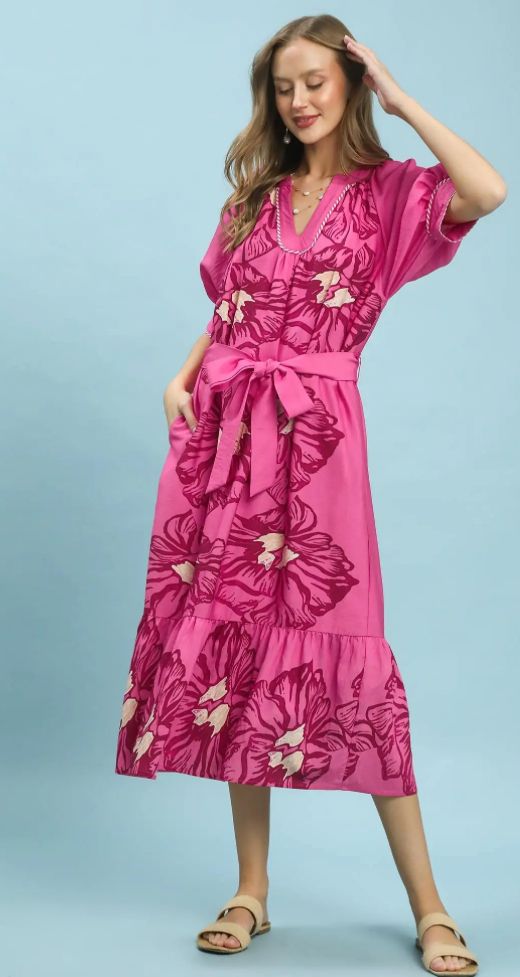 Umgee Floral Belted Midi Dress