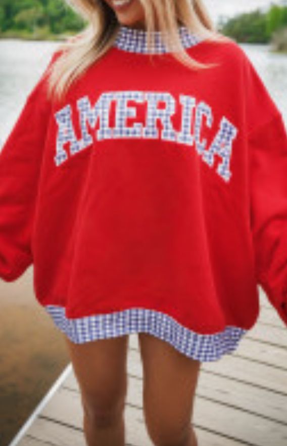 AMERICA oversized sweatshirt w/gingham trim letter