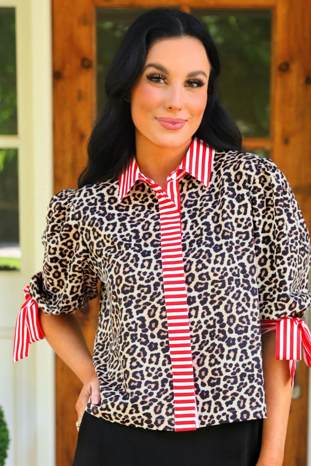 Cassidy Tie Sleeve Top-Leopard red stripes
