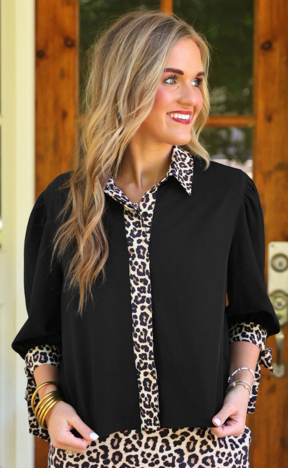 Cassidy Tie Sleeve Top-Black/Leopard