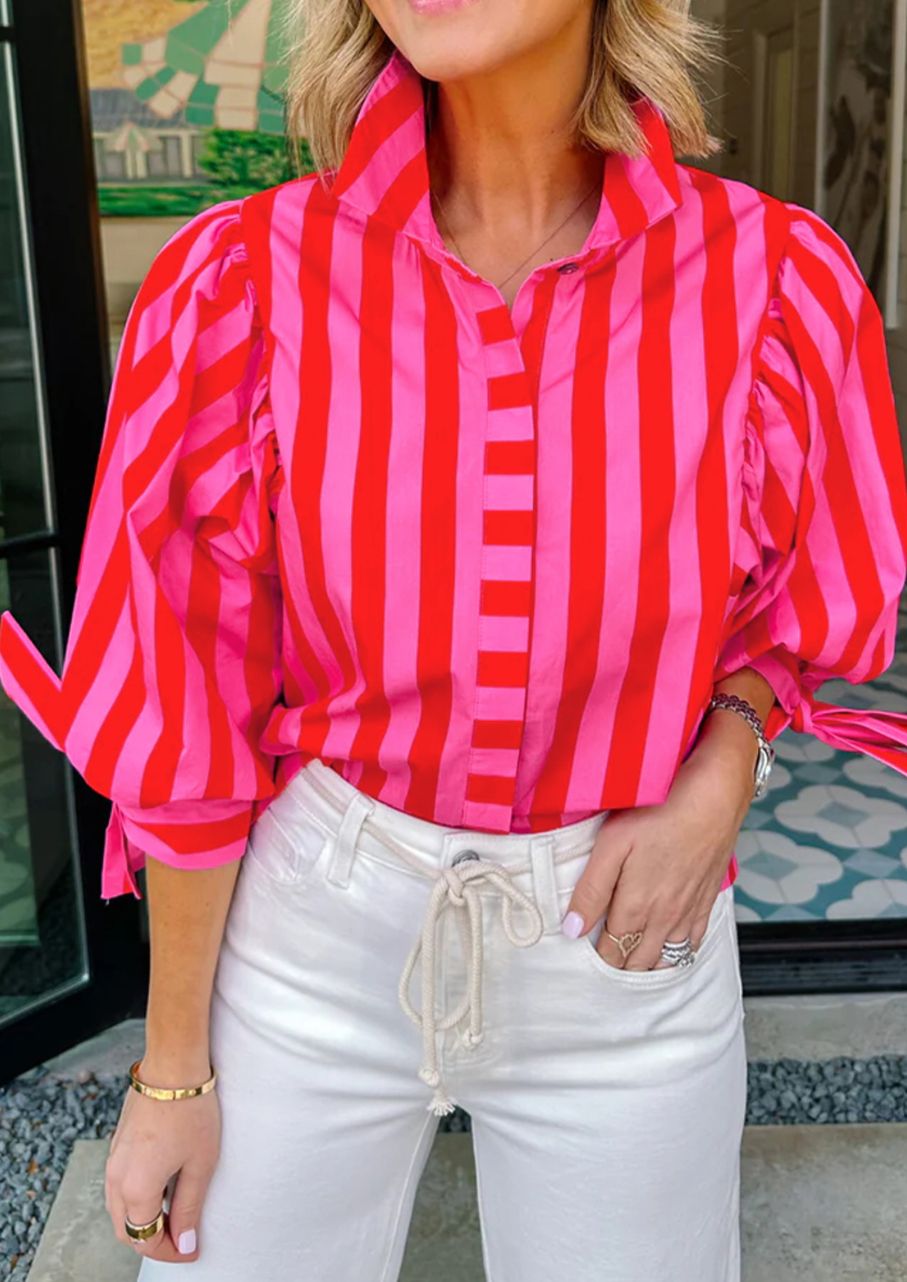 Tie Puff Sleeve Womens Button Down Shirt