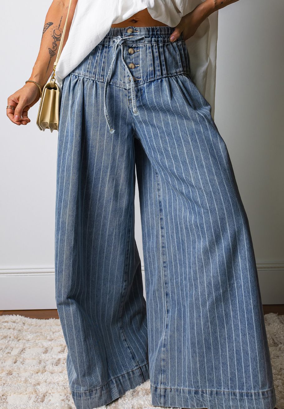 Stripe button pleated drawstring jean