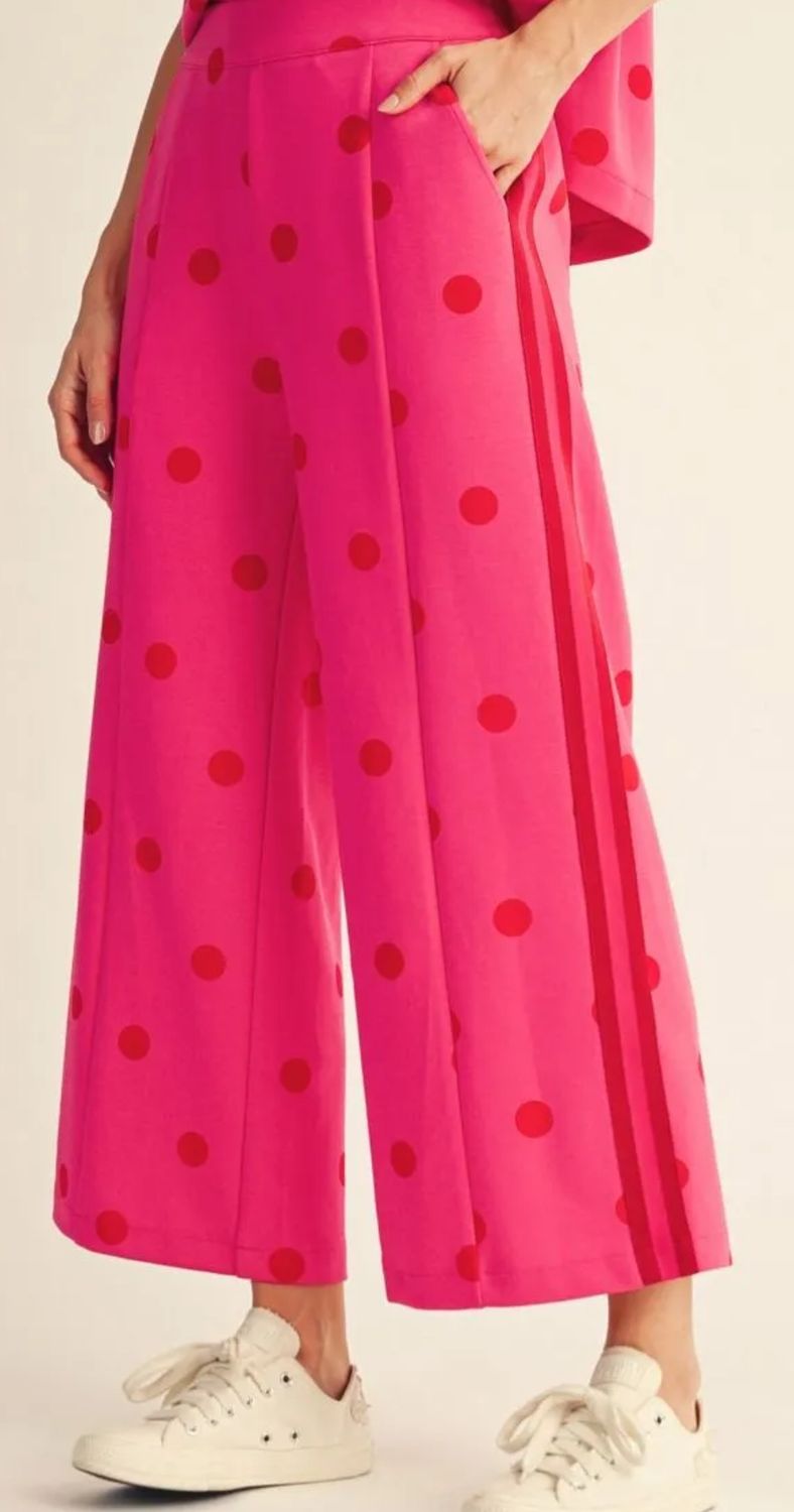 Polka dot casual pants with side color rib accents