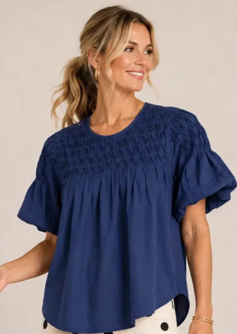 Tencel Puff Sleeve Smocked Yoke Blouse