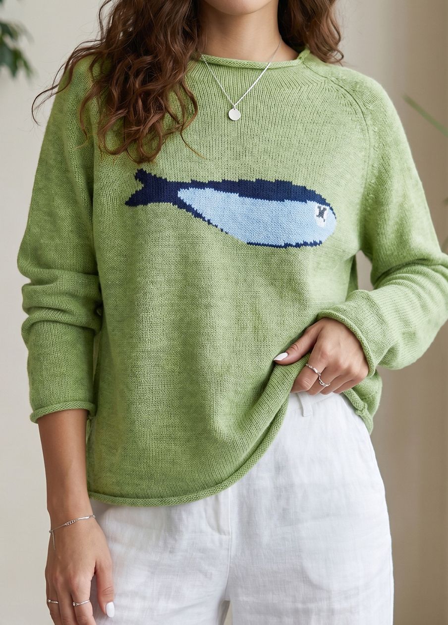 Fish Knit Oversized Round Neck Sweater