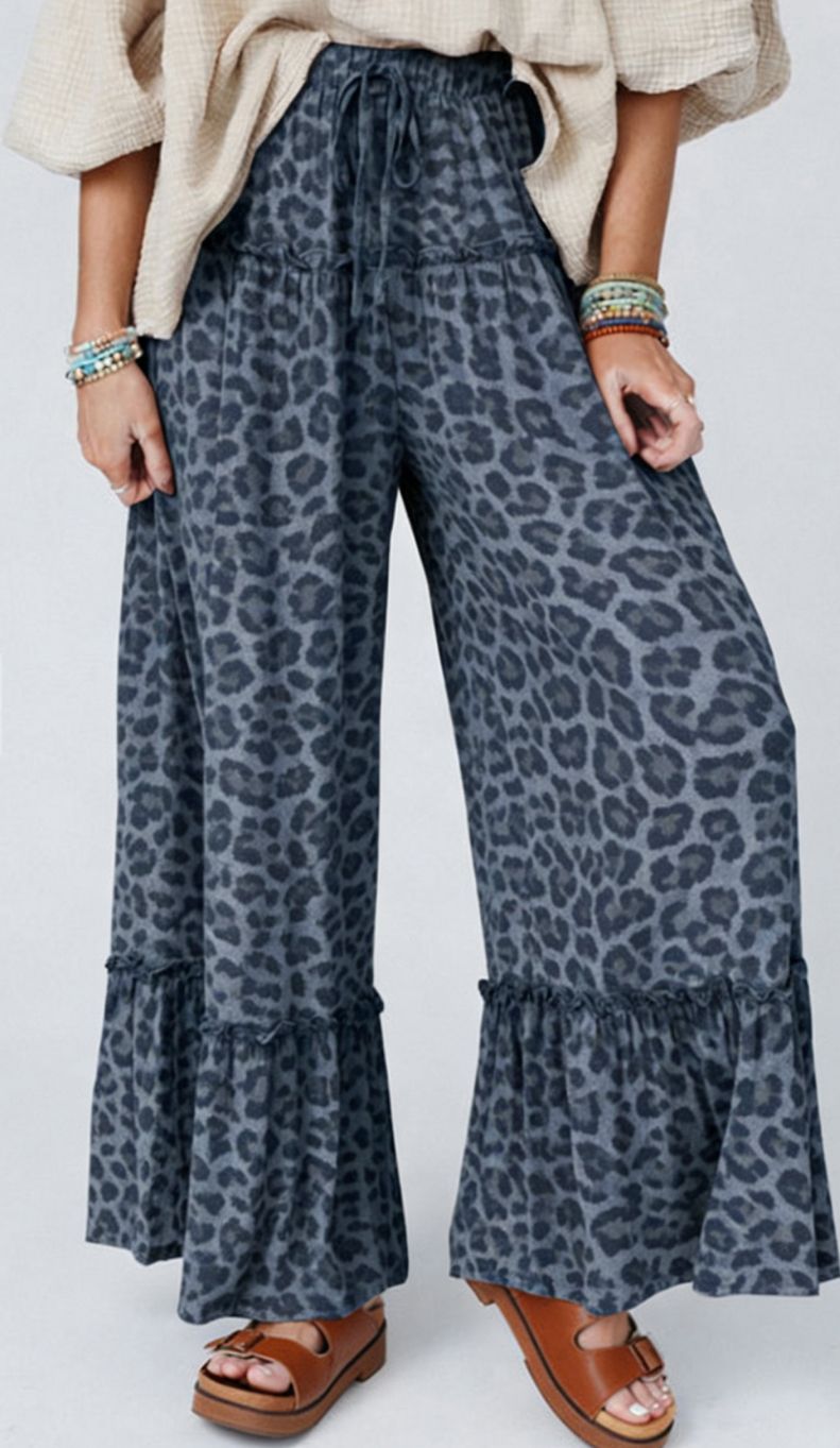 Wild Leopard Print drawstring wide leg pants
