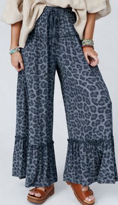 Wild Leopard Print drawstring wide leg pants