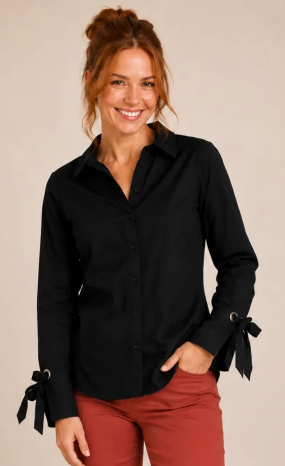 Poplin button front blouse w/bow tie cuffs