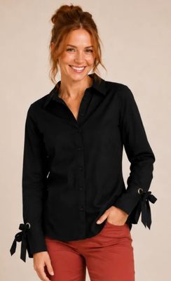 Poplin button front blouse w/bow tie cuffs
