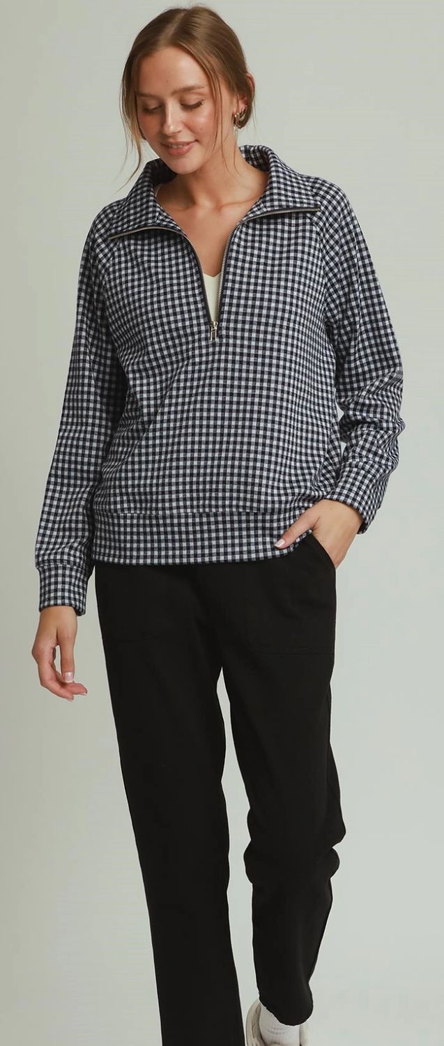 Umgee Gingham Half-Zip Long Sleeve Pullover