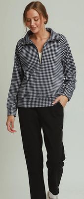 Umgee Gingham Half-Zip Long Sleeve Pullover