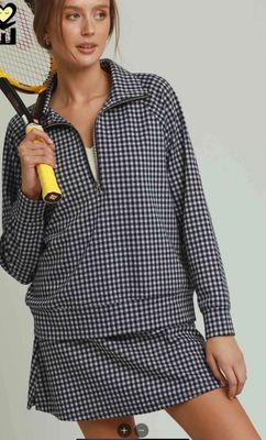 Umgee Gingham Half-Zip Long Sleeve Pullover