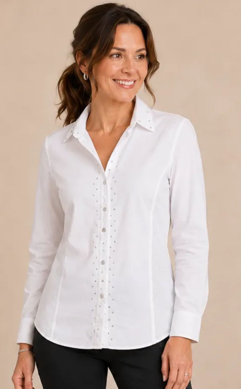 STUDDED POPLIN BUTTON DOWN RIBBED KNIT SIDES TOP