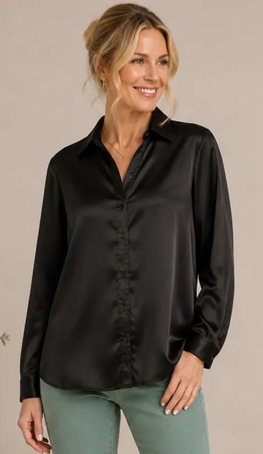 SATIN BUTTON FRONT SHIRTTAIL HEM BLOUSE