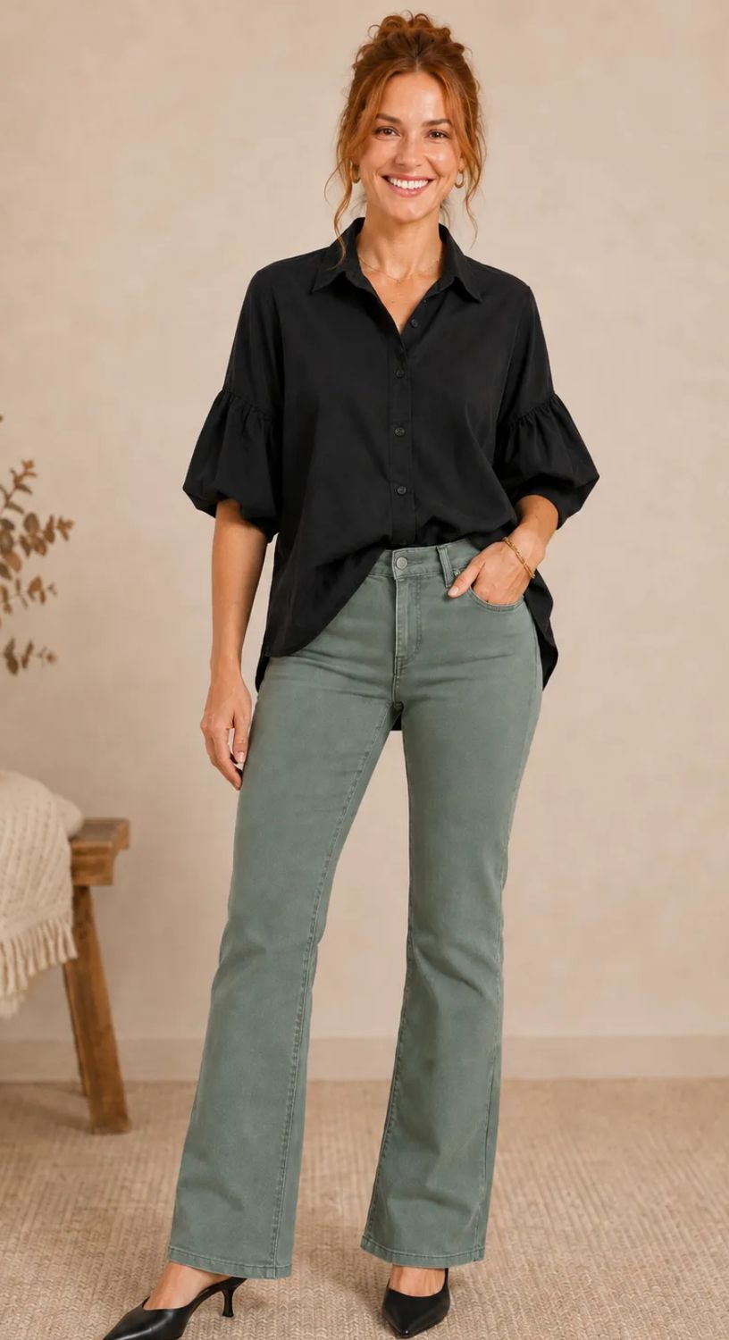 TENCEL PUFF SLEEVE BUTTON FRONT SHIRT
