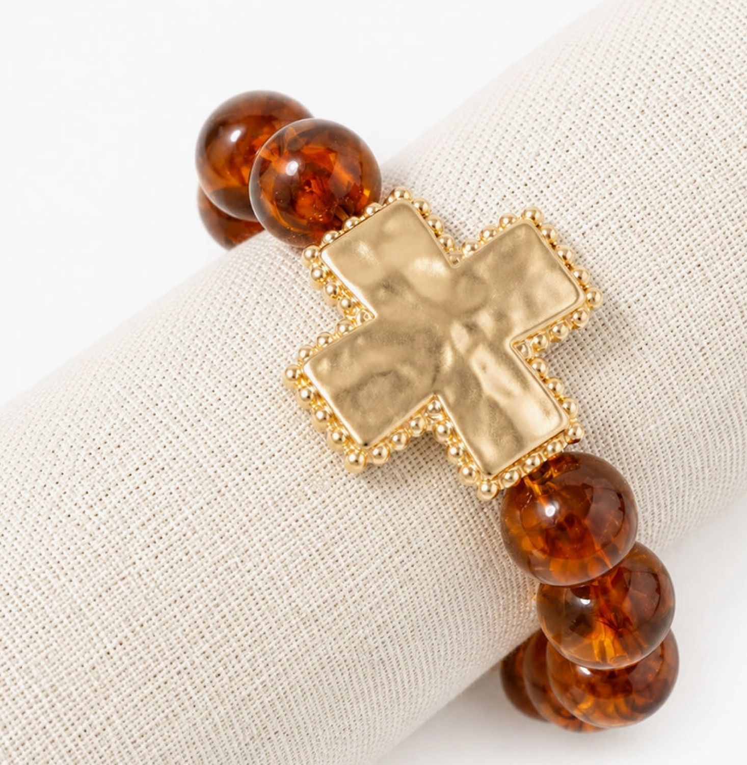 Brown Beaded with Hammered Squared Cross Stretch Bracelet