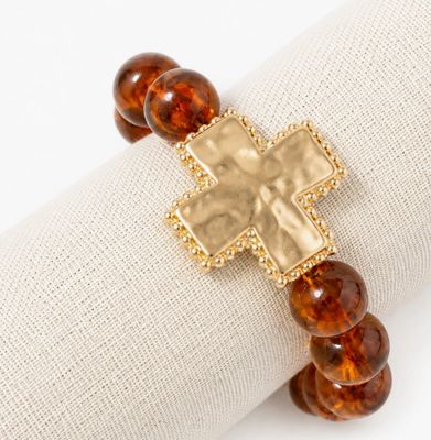 Brown Beaded with Hammered Squared Cross Stretch Bracelet