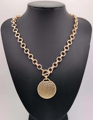 Gold Chain with Hammered Gold Disk Charm 16"-18" Necklace
