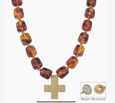 Water Resistant 16mm Brown Resin Beaded Cross 18" Necklace