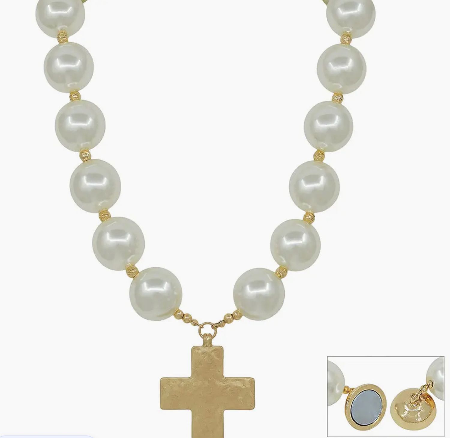 Water Resistant 20mm Pearl Beaded with 1.5" Cross Charm Necklace
