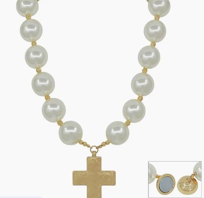 Water Resistant 20mm Pearl Beaded with 1.5" Cross Charm Necklace