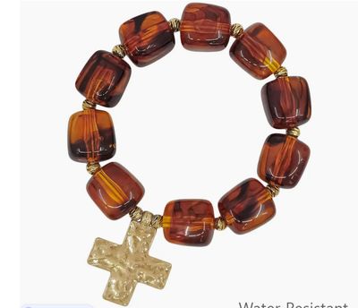 Water Resistant 16mm Dark Brown Resin Beaded 1.2" Cross Stretch Bracelets