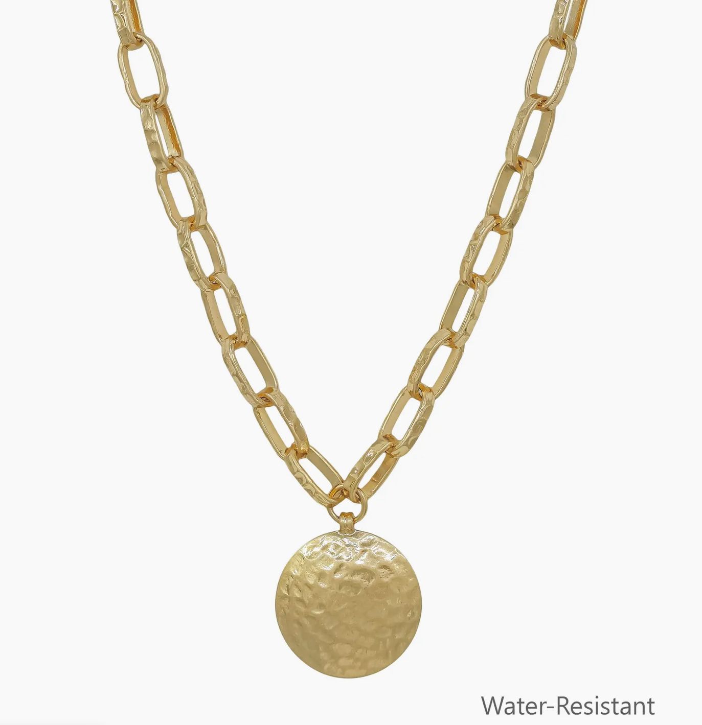 Water Resistant Gold Open Chain with Hammered Circle 16"-18" Necklace