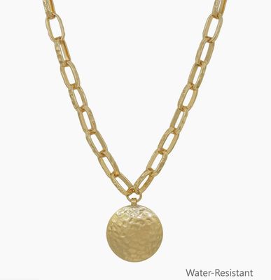 Water Resistant Gold Open Chain with Hammered Circle 16"-18" Necklace