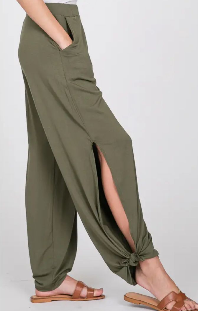 Side Slit Ankle solid tie pants