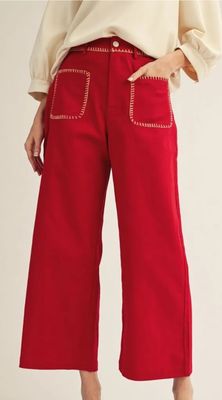 High waist wide leg solid pants with stitch accent